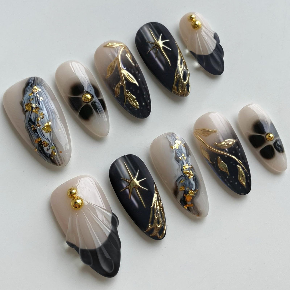 Spring Press on Nails Almond Medium Fake Nails with White Flower Designs French Tip Nails Press ons Light Green False Nails Glossy Glue on Nails Acrylic Nails Nude Stick on Nails for Women 24Pcs