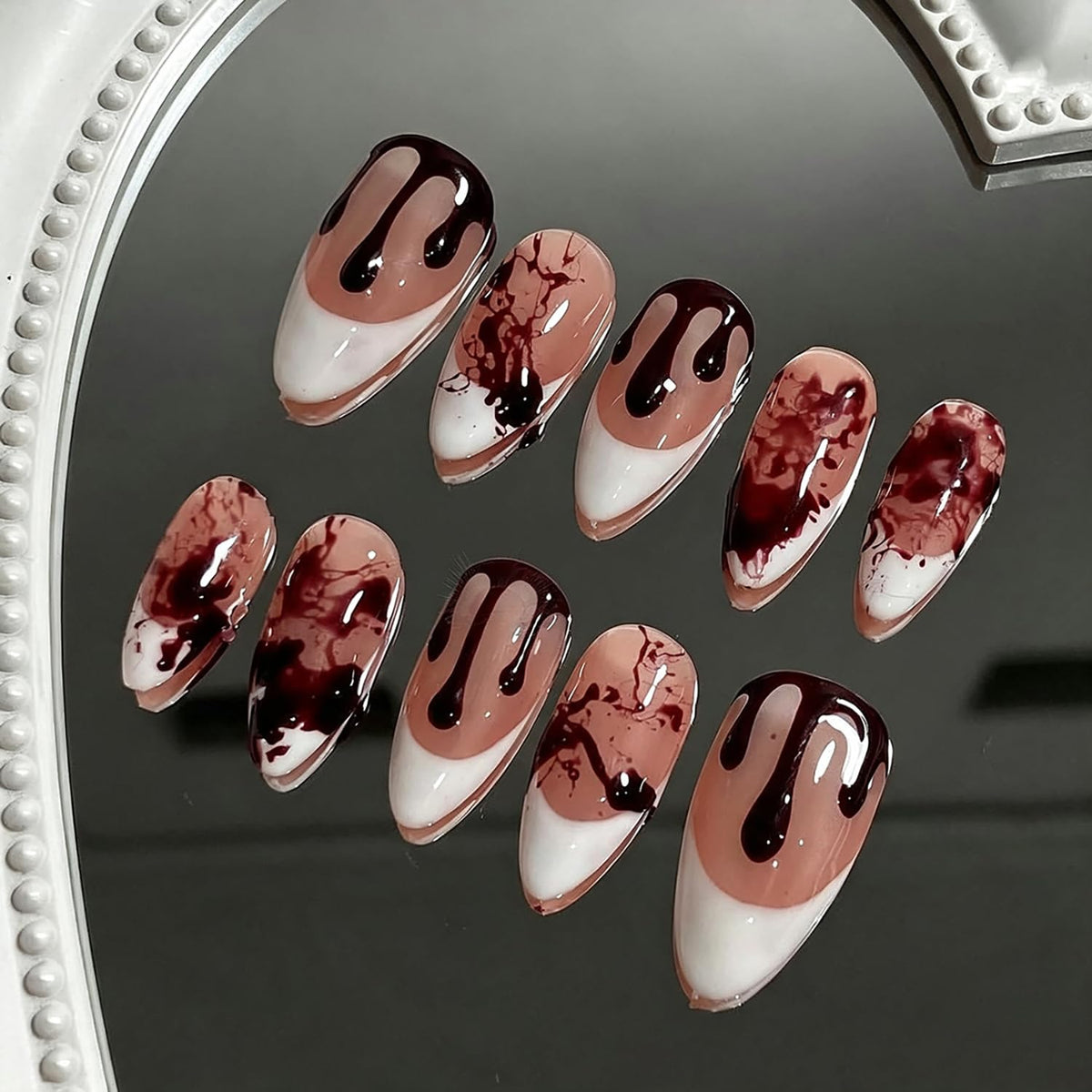 Almond Press on Nails White Flower with Gold Rhinestone Wedding Fake Nails