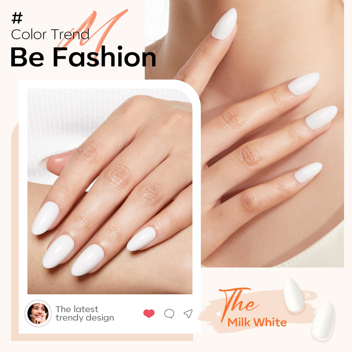 modelones Milky White Press On Nails Short Almond 32Pcs 16 Sizes Reusable