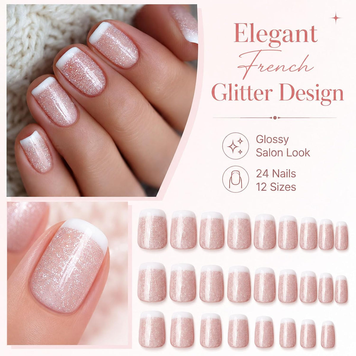 Press On Nails Short Square, Nude Pink Silver Glitter White French Tip Glossy Fake Nails, Full Cover Acrylic Gel False Artificial Nails for Bridal Wedding Daily Office Date Party Wear
