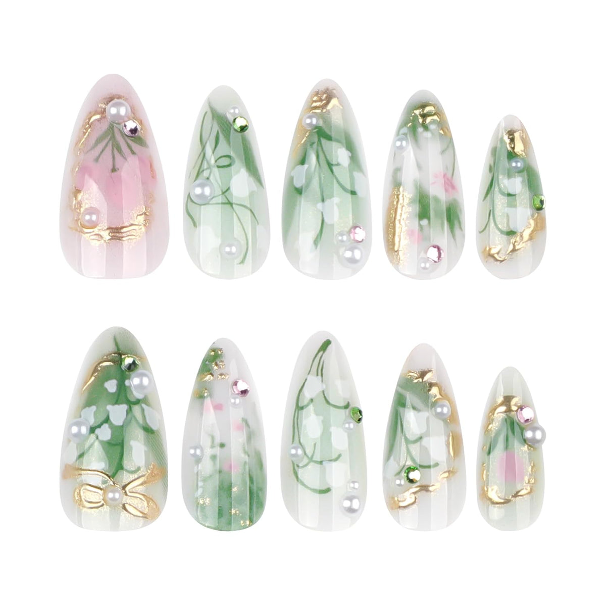 Green Press on Nails Medium Almond Fake Nails with 3D Pearl Rhinestones Designs Gold French Tips Flower Acrylic Nails False Nails White Floral Full Cover Glossy Stick on Nails for Women 24Pcs