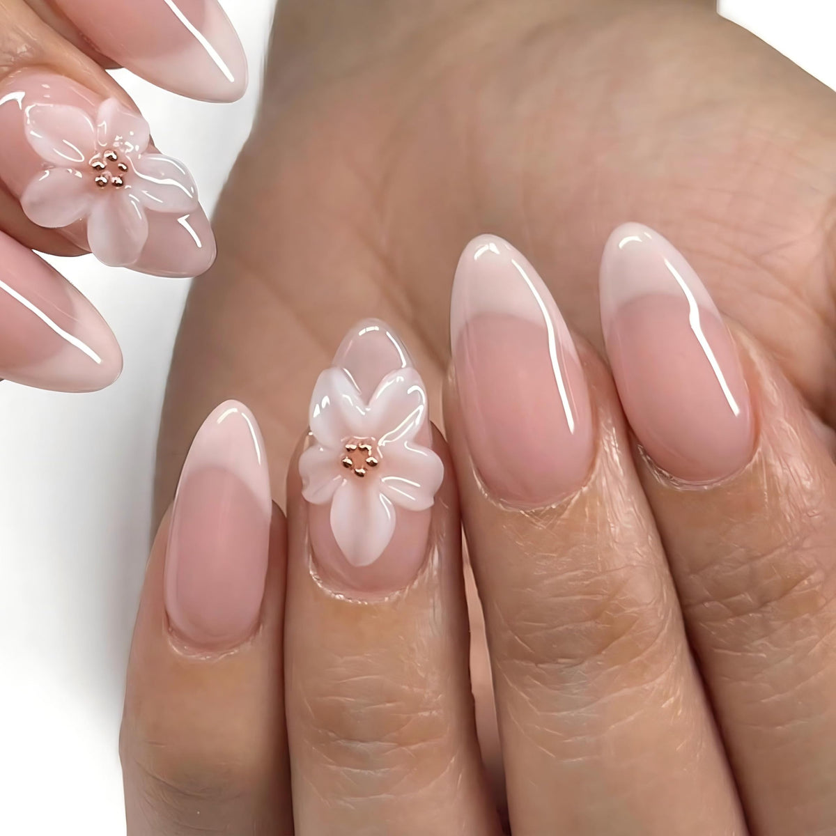 Glossy Nude Gold French Tip Press On Nails Short Almond, 30 PCS