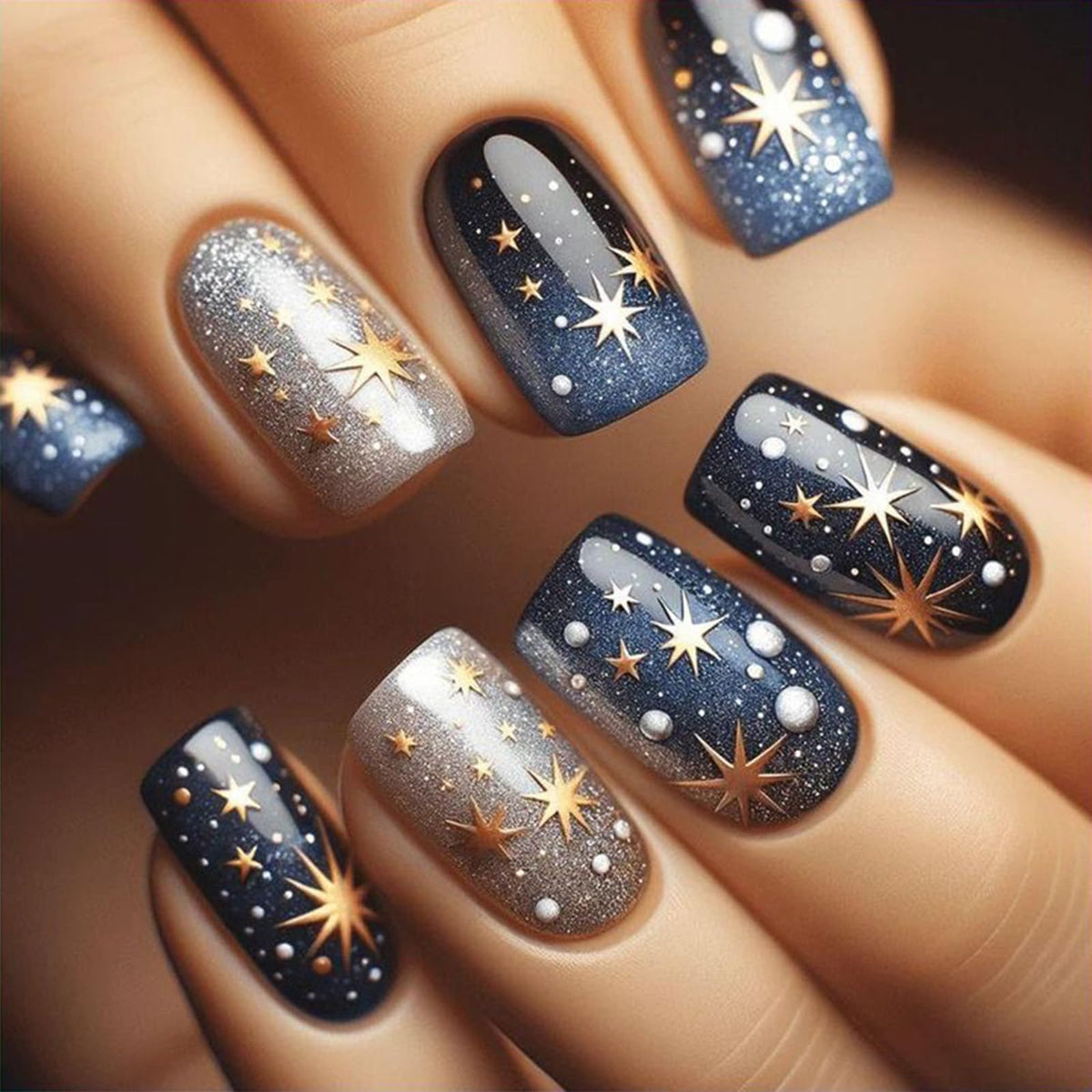 White French Tips Press on Nails 24Pcs Glossy Silver Glitter Acrylic Fake Nails Sparkly False Nail Milky Way Gel Glue on Nail Stars Stick on Medium Square Fingernails for Coquette Women Girls