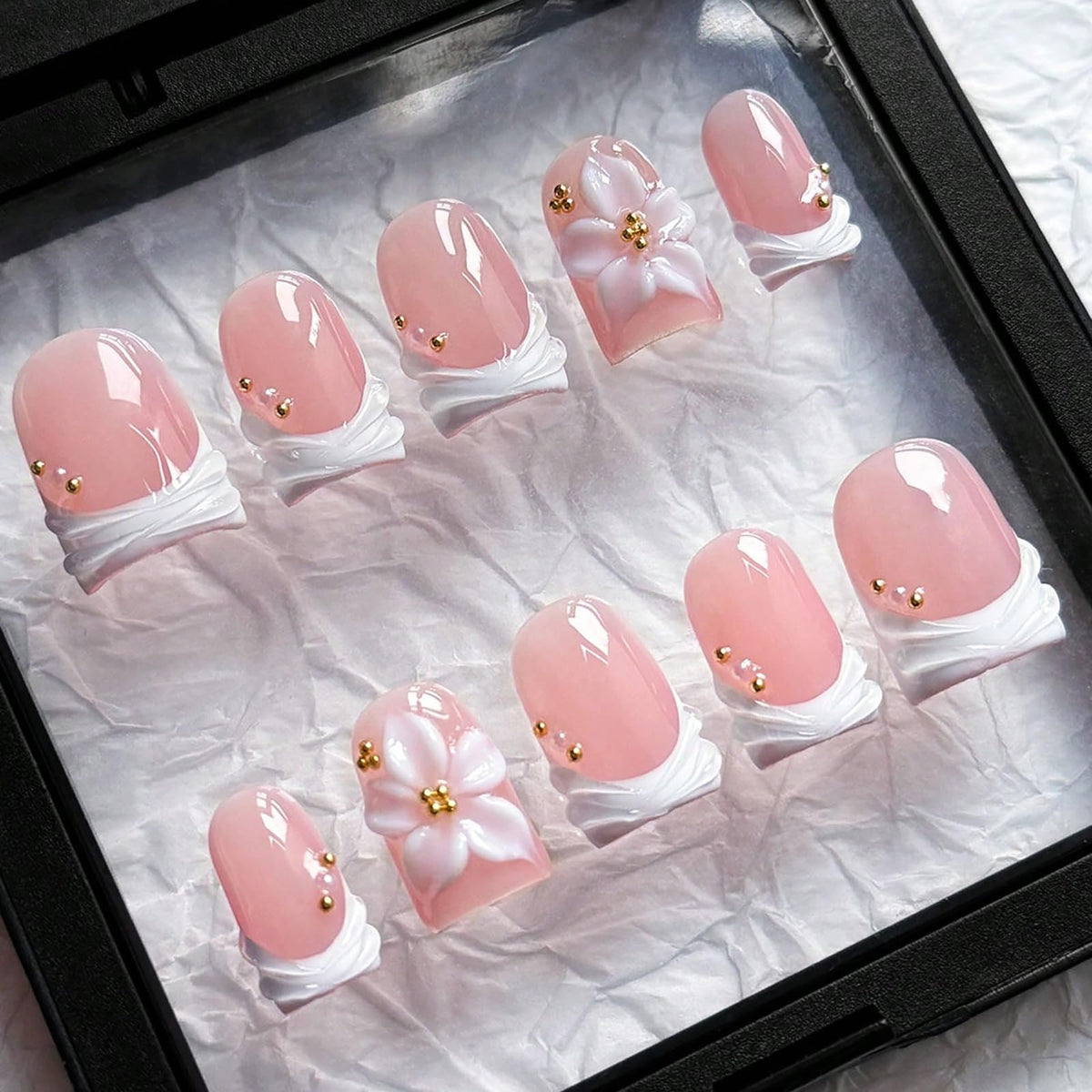Handmade Press On Nails Short Square Nude 10PCS French Tip Fake Nails with 3D Gold Pearl Charms, Hand Painted Luxury Reusable Stick On Nails for Wedding Bridal Prom(M)