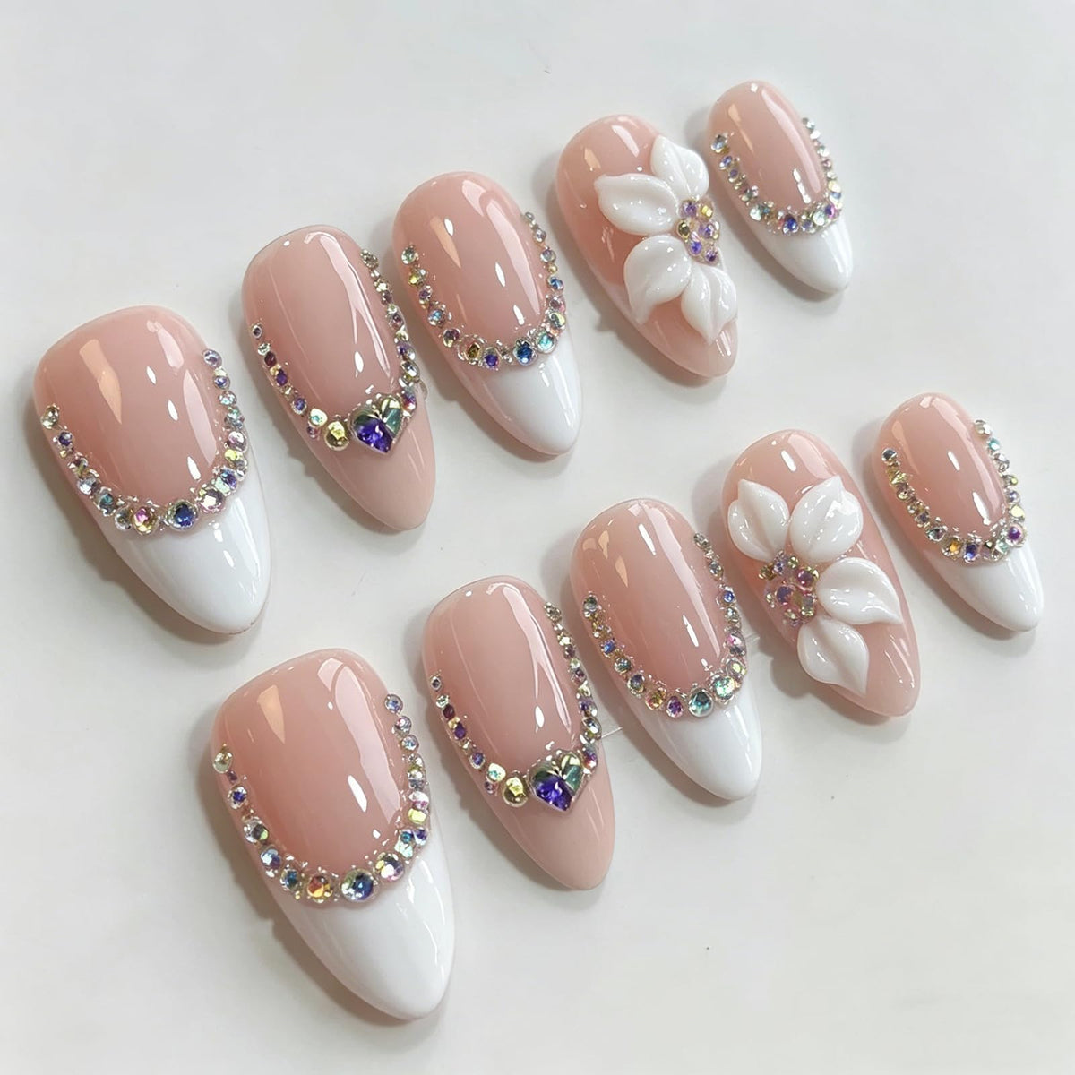 Handmade Almond Press on Nails Medium, Nude White French Tip Fake Nails with 3D White Flower Gold Metal Lines Pearl Decor, Glossy Reusable Full Cover False Nails for Women Wedding Daily(S)