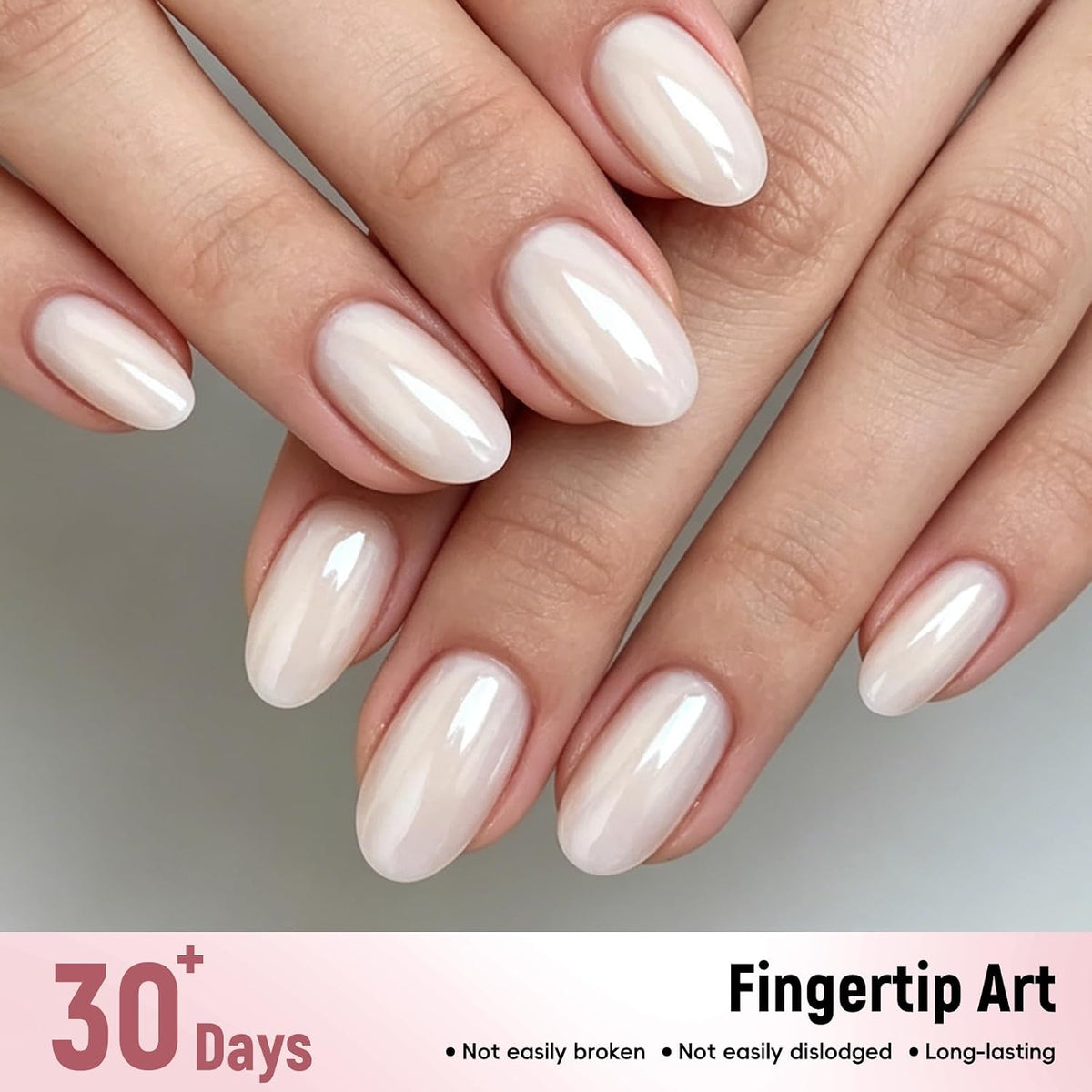 Pearl White Chrome Press on Nails Short Oval-Bling Glazed Design Chrome Glue on Nail, Salon Quality Shiny Full Cover Stick on Natural Fake Nail with Full Nail Kit for Women Bridal Wedding 32PCS