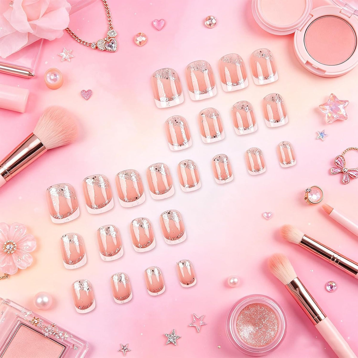 Press on Nails with Shimmer Design Glossy White French Tips Short Square False Nails Silver Glitter Fake Nail Nude Minimalist Stick on Fingernails Pink Glue on Nail for Women Bridal Daily Wear