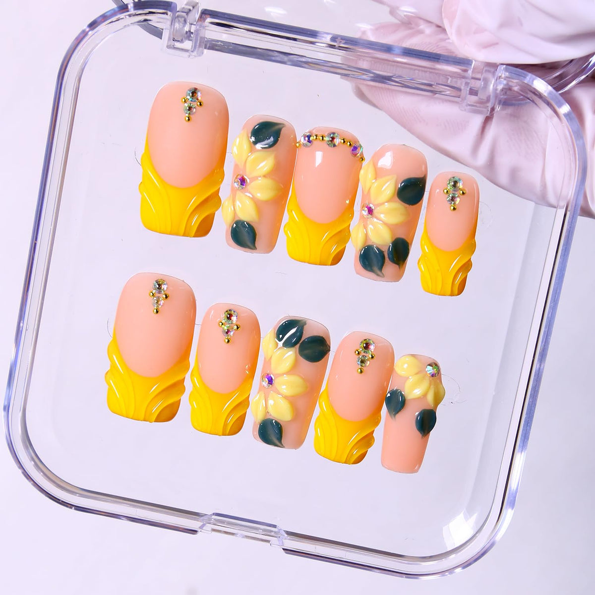 Press on Nails, Handmade Medium Almond Fake Nails, 3D Art False Fingernails with Design Full Cover Fake Nail, Glossy Acrylic Stick on Nails Artificial Nails for Women Manicure 10 Pcs (L)