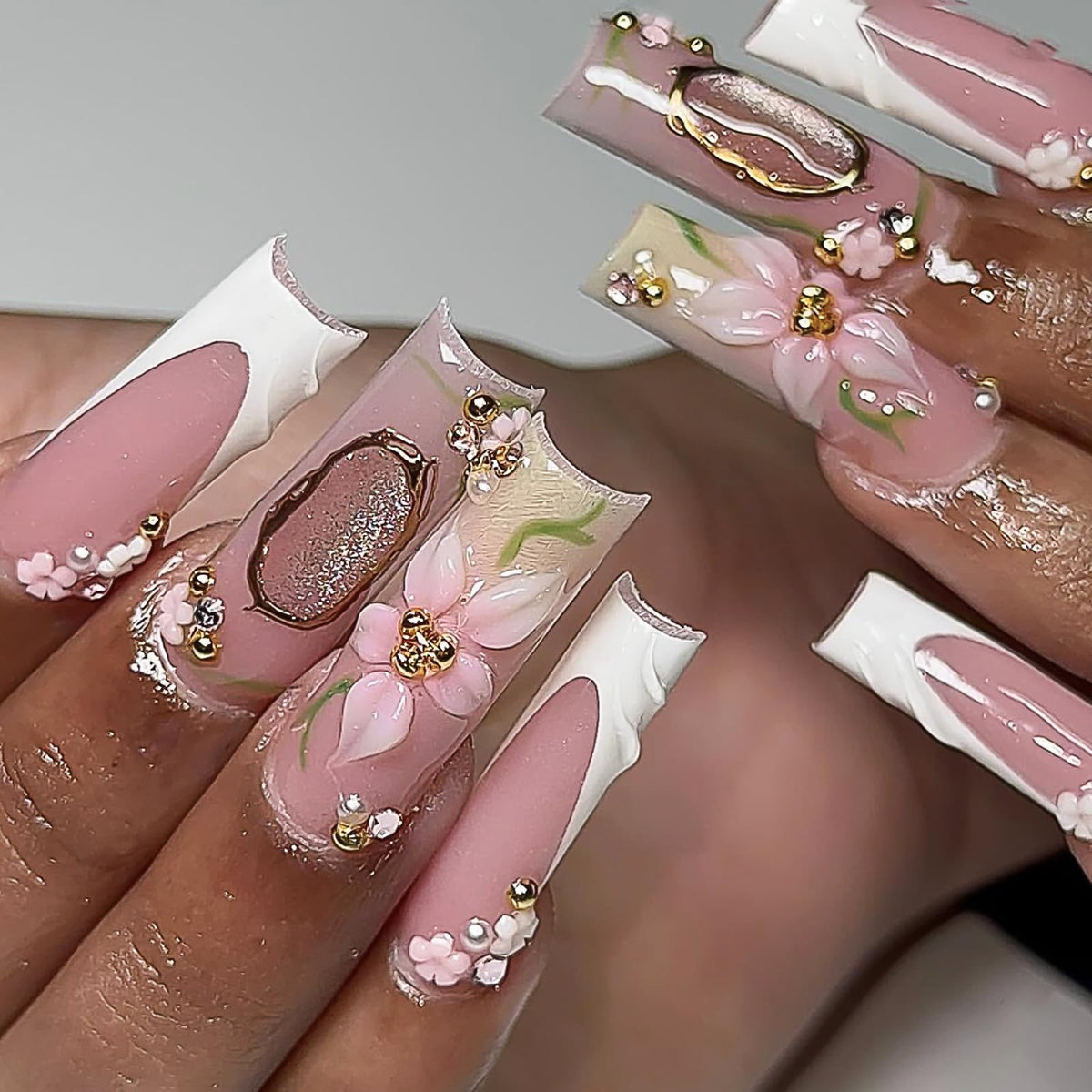 Press on Nails Long Square - 3D Flower Fake Nails with Pearls Design, Luxury Gold Chrome Butterfly French Tip Baroque Baddie False Nails for Women, 24 Pcs