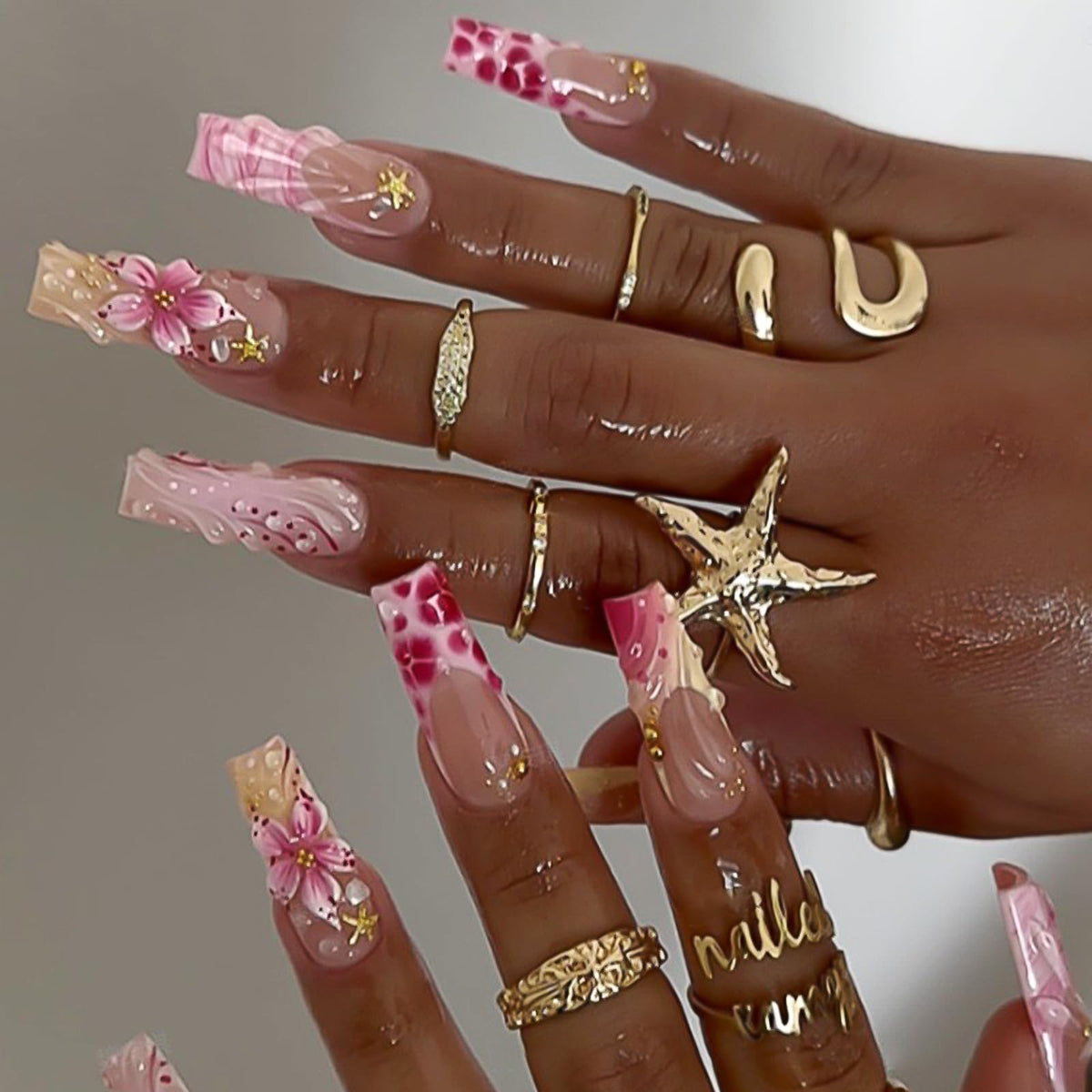 Press on Nails Long Square - 3D Flower Fake Nails with Pearls Design, Luxury Gold Chrome Butterfly French Tip Baroque Baddie False Nails for Women, 24 Pcs