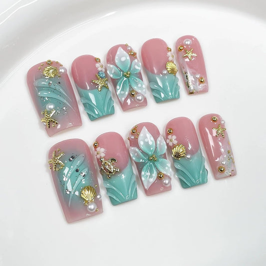 Luxury Handmade Press on Nails Medium Square Fake Nails Blue French False Nails with Ombre 3D Flower Art Design Acrylic Nails Handmade Stick on Nail for Women Manicure 10Pcs (Size M)