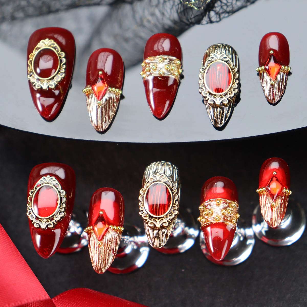 Star Moon Press on Nails Long Stiletto Fake Nails Pure Handcrafted Nail Mirror Effect Glue on Nails Glitter False Nail with Design Rhinestone Stick on Nail for Women Girls Luxury Manicure (M)