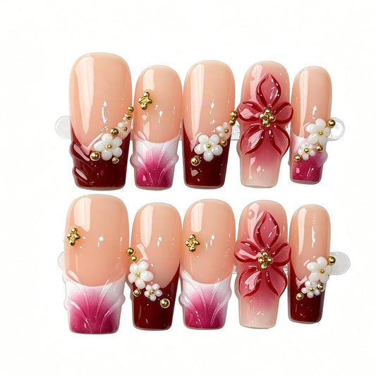 Nude Gradient Long Square Handmade French Tip Press On Nails