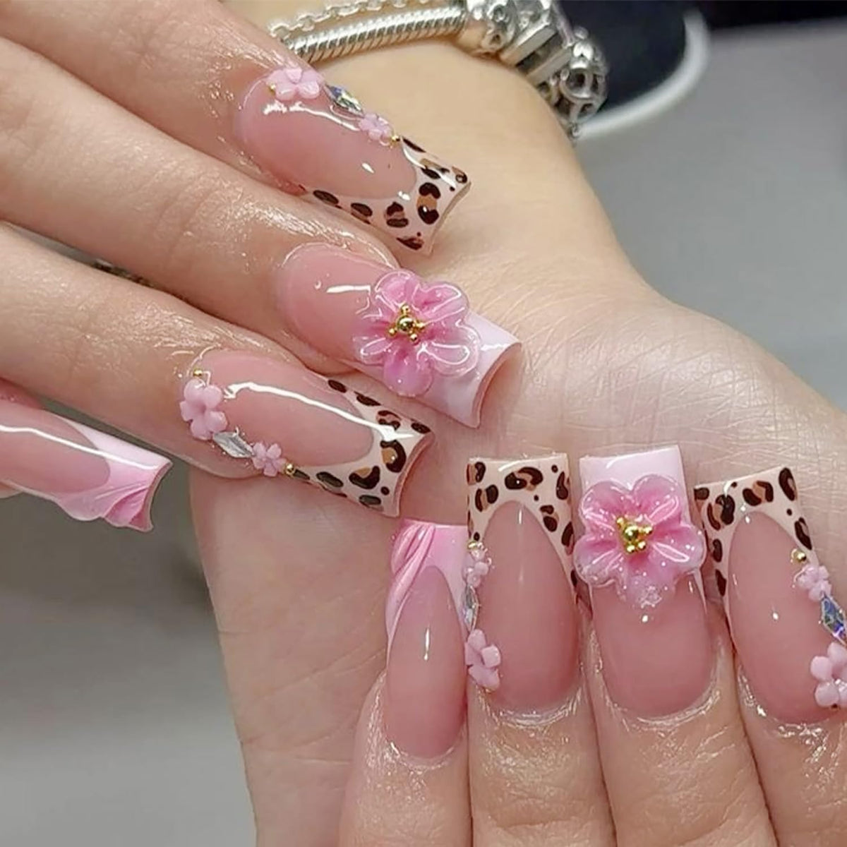 24Pcs White French Tip Press on Nails Medium Almond Fake Nails with Silver Rhinestones with Nude Pink Full Cover Glue on Nails French Designs 3D Flower False Nails Cute Spring Stick on Nails for Women