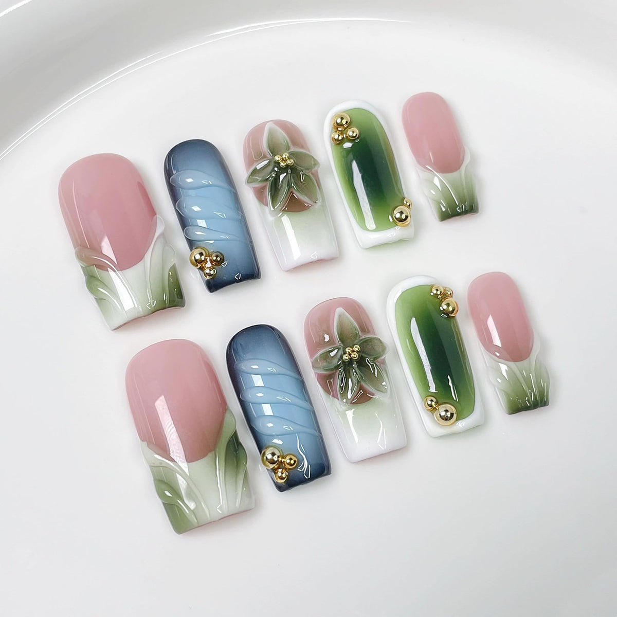 Luxury Handmade Press on Nails Medium Square Fake Nails Blue French False Nails with Ombre 3D Flower Art Design Acrylic Nails Handmade Stick on Nail for Women Manicure 10Pcs (Size M)