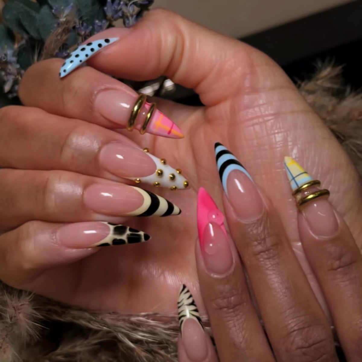 BABALAL Press On Nails Extra Long Stiletto Fake Nails Amber Tortoise Leopard Print 3D Metal Gold Swirl with Rhinestone Vintage Y2K Fall Luxury Glue On Nails