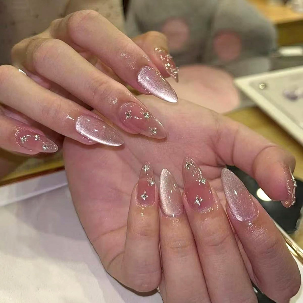 Black French Tip Press On Nails Almond Stiletto, Nude Glossy Fake Nails