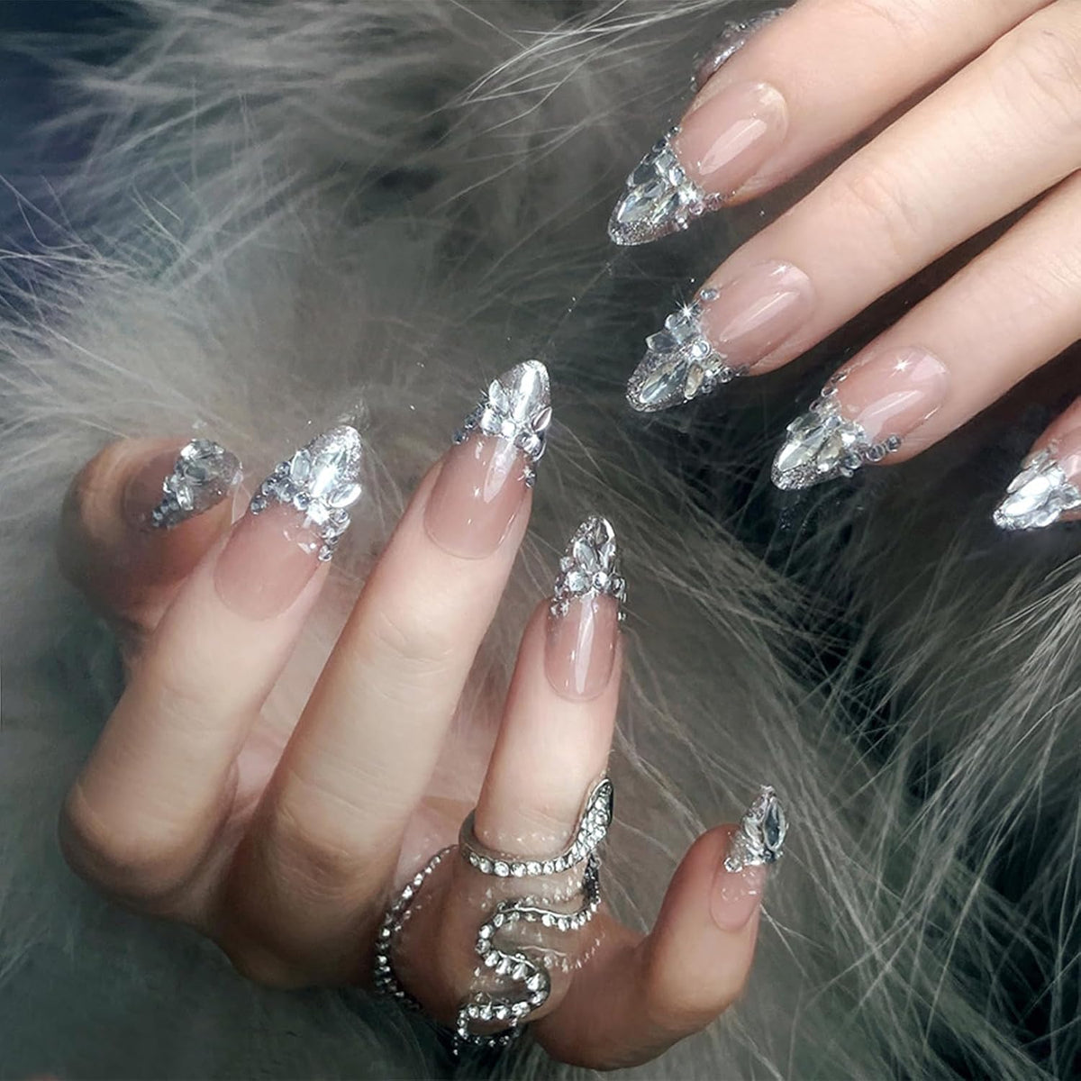 IMRAIN Medium Almond Silver Glitter French Tips False Nails with Rhinestone Designs - Glossy Full Cover Glue on Artificial Stiletto Nude Nails for Women Girls - 24 Pcs