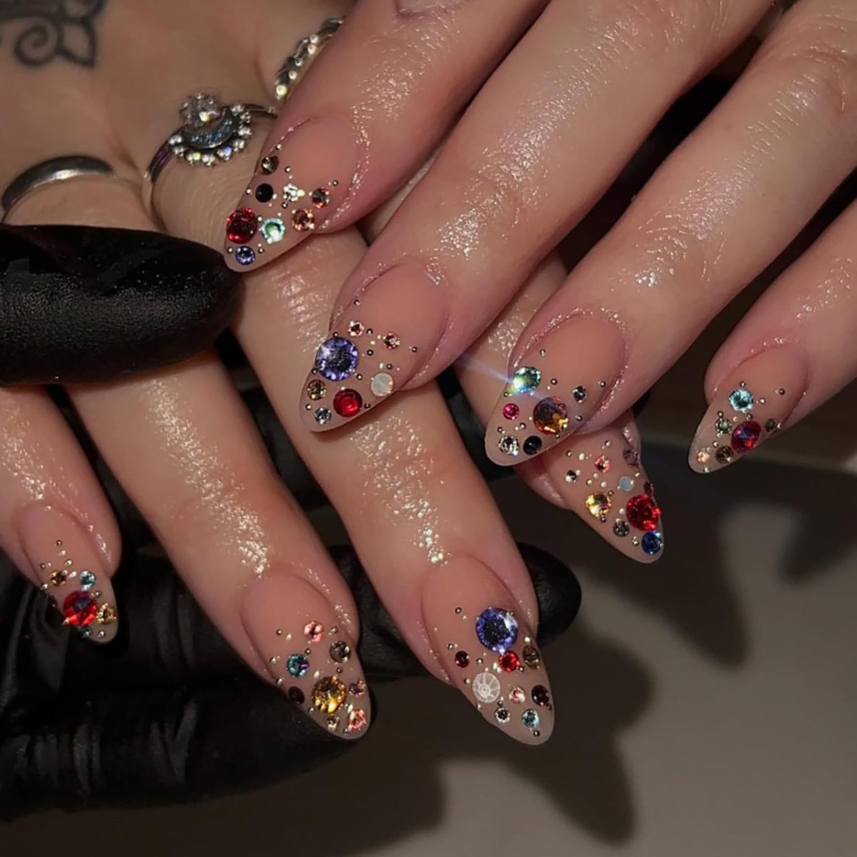 Summer Press on Nails Almond Pink Floral Shell Pearl Gold Dot Fake Women