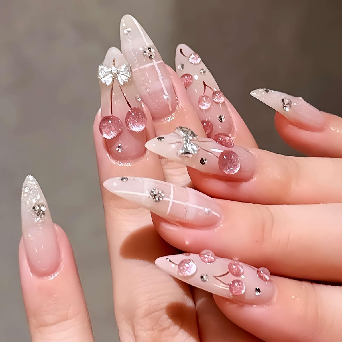 Medium Almond Press On Nails, Milky Nude Fake Nails with White French Tips, Gold Outline Design, Rhinestone and Pearl Accents, Glossy Reusable Glue On Nails for Women Wedding, 24PCS