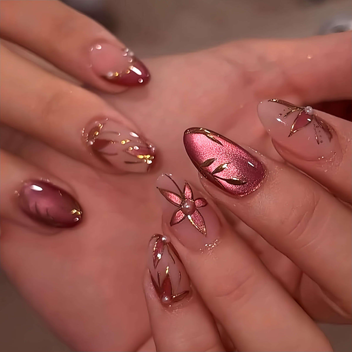 Medium Almond Press On Nails, Milky Nude Fake Nails with White French Tips, Gold Outline Design, Rhinestone and Pearl Accents, Glossy Reusable Glue On Nails for Women Wedding, 24PCS