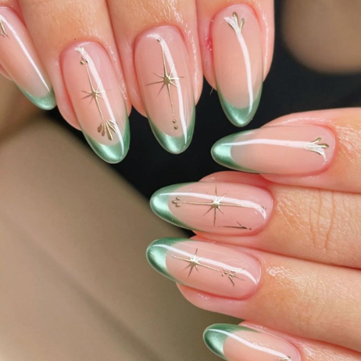 Spring Press on Nails Almond Medium Fake Nails with White Flower Designs French Tip Nails Press ons Light Green False Nails Glossy Glue on Nails Acrylic Nails Nude Stick on Nails for Women 24Pcs