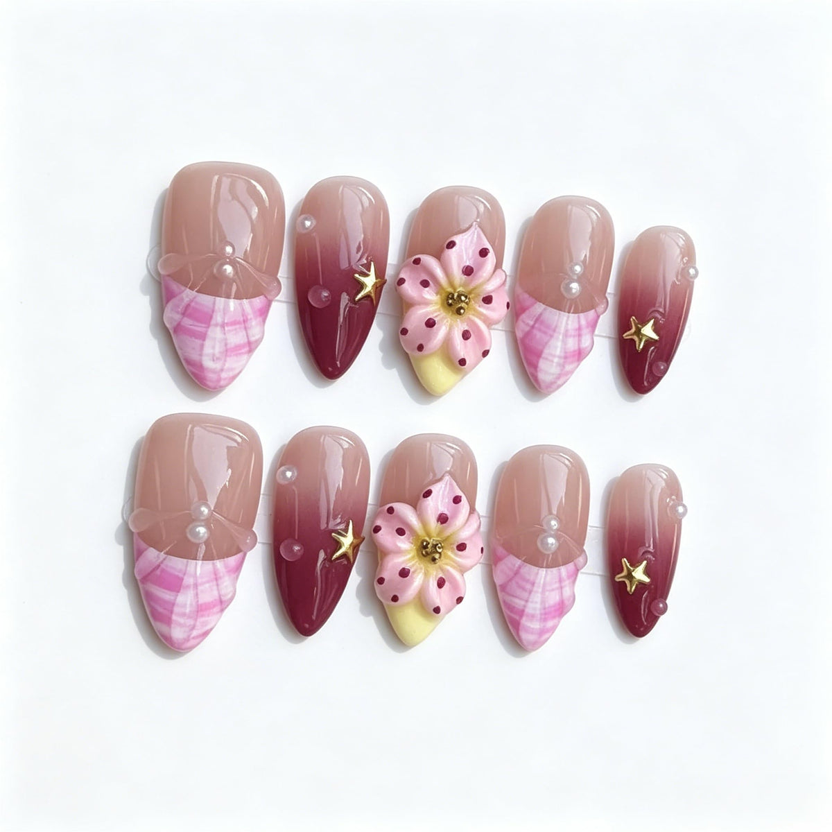 Handmade Press On Nails – Short Almond False Nails for Women, Reusable Acrylic White French Tip with Pearl & 3D Flowers Design – Salon Quality Fake Nails (10PCS Size S)