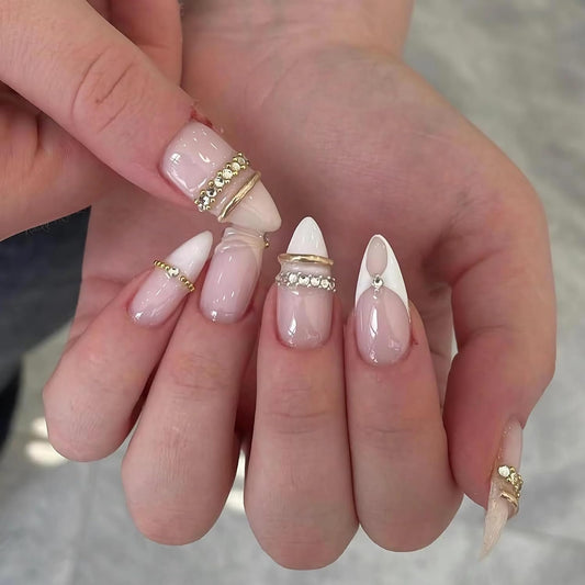 BABALAL Press On Nails - Medium Almond Fake Nails, Pink White Gradient, Rhinestone Gold Bangle, Glossy Coquette Wedding Bridal Glue On Nails 24Pcs