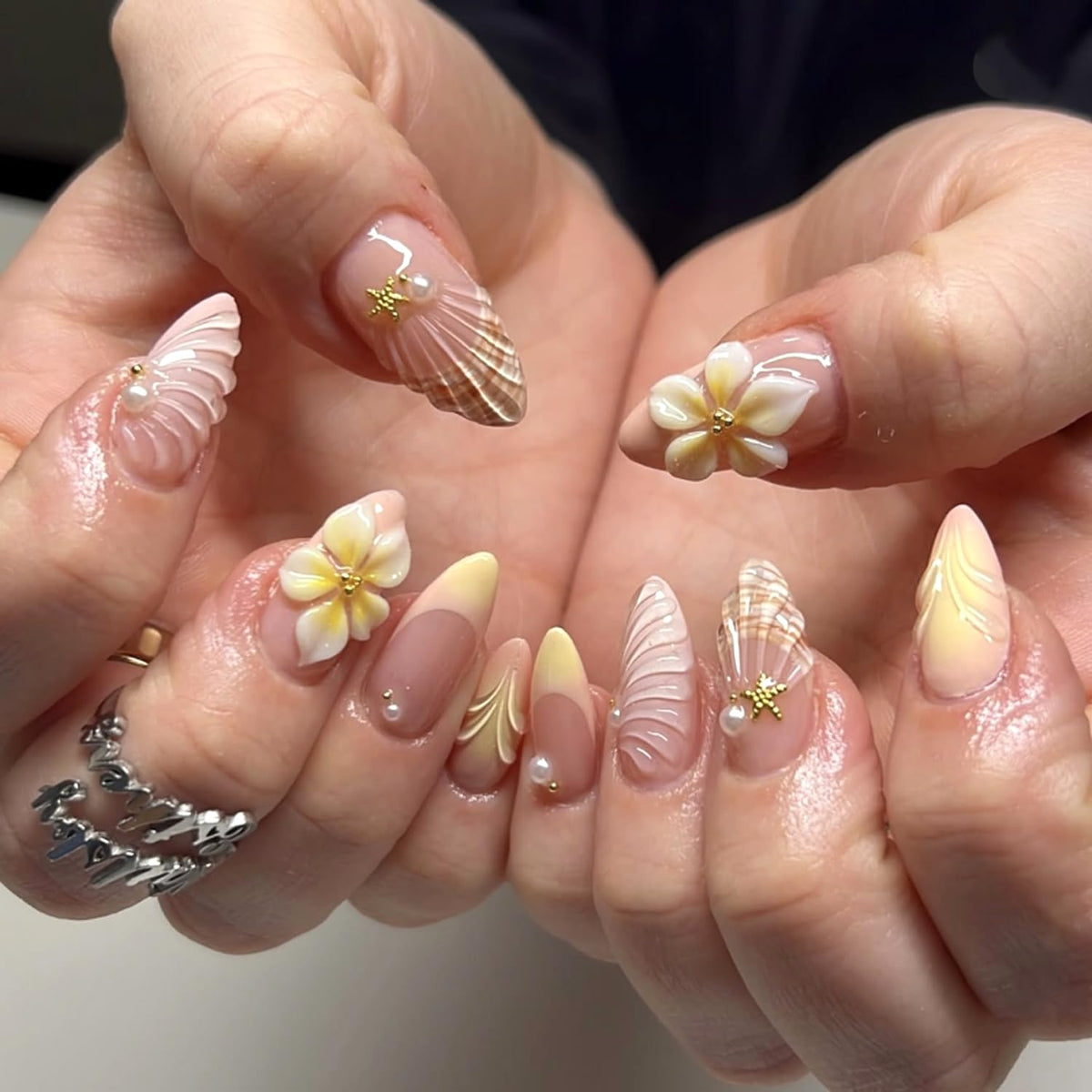 Black French Tip Press On Nails Almond Stiletto, Nude Glossy Fake Nails