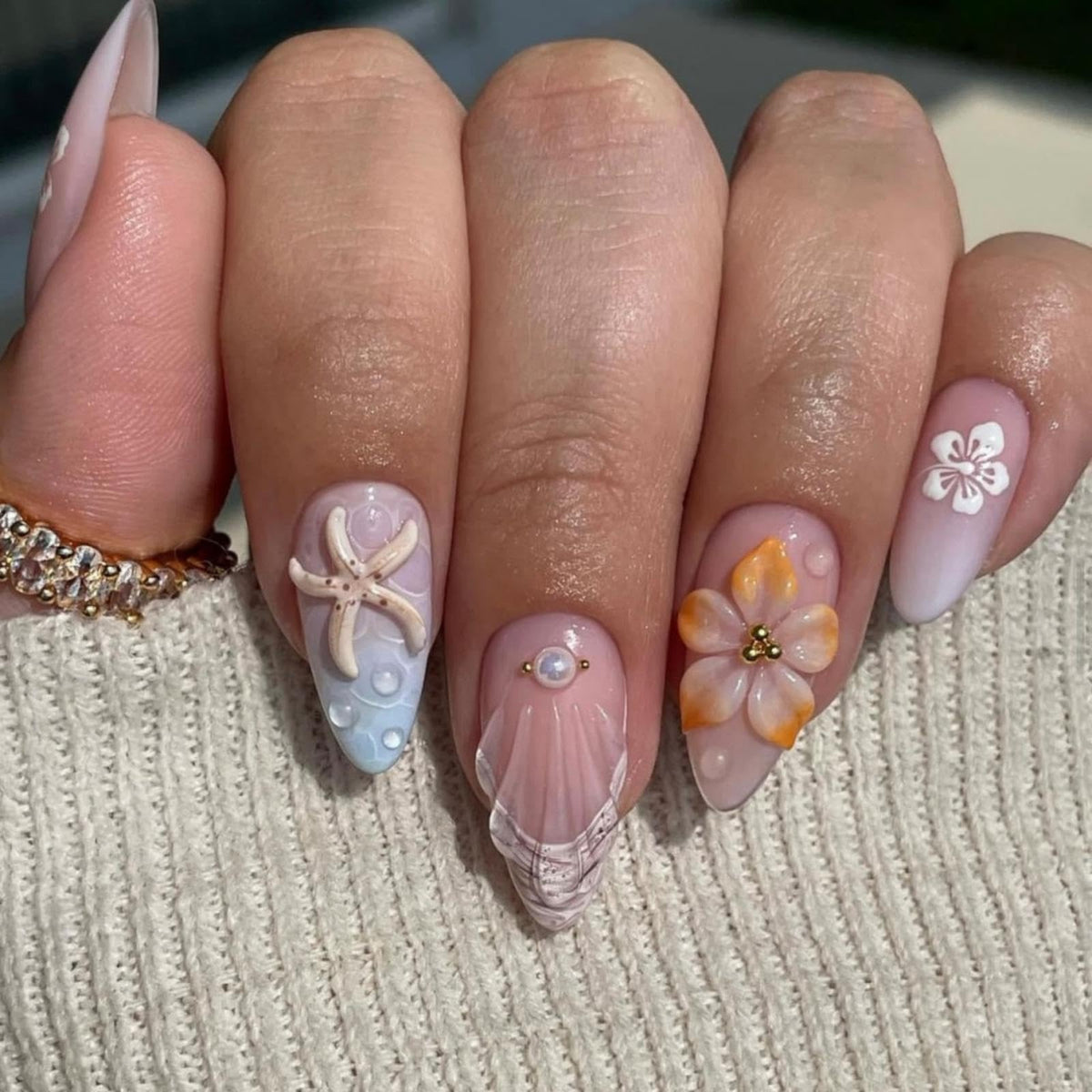 Almond Press on Nails Medium Fake Nails with 5D Metal Lines Charm Design Glossy Pink Nails Press on Curve Glue on Nails Reusable Luxury Silver Beads Acrylic Nail for Women 24Pcs