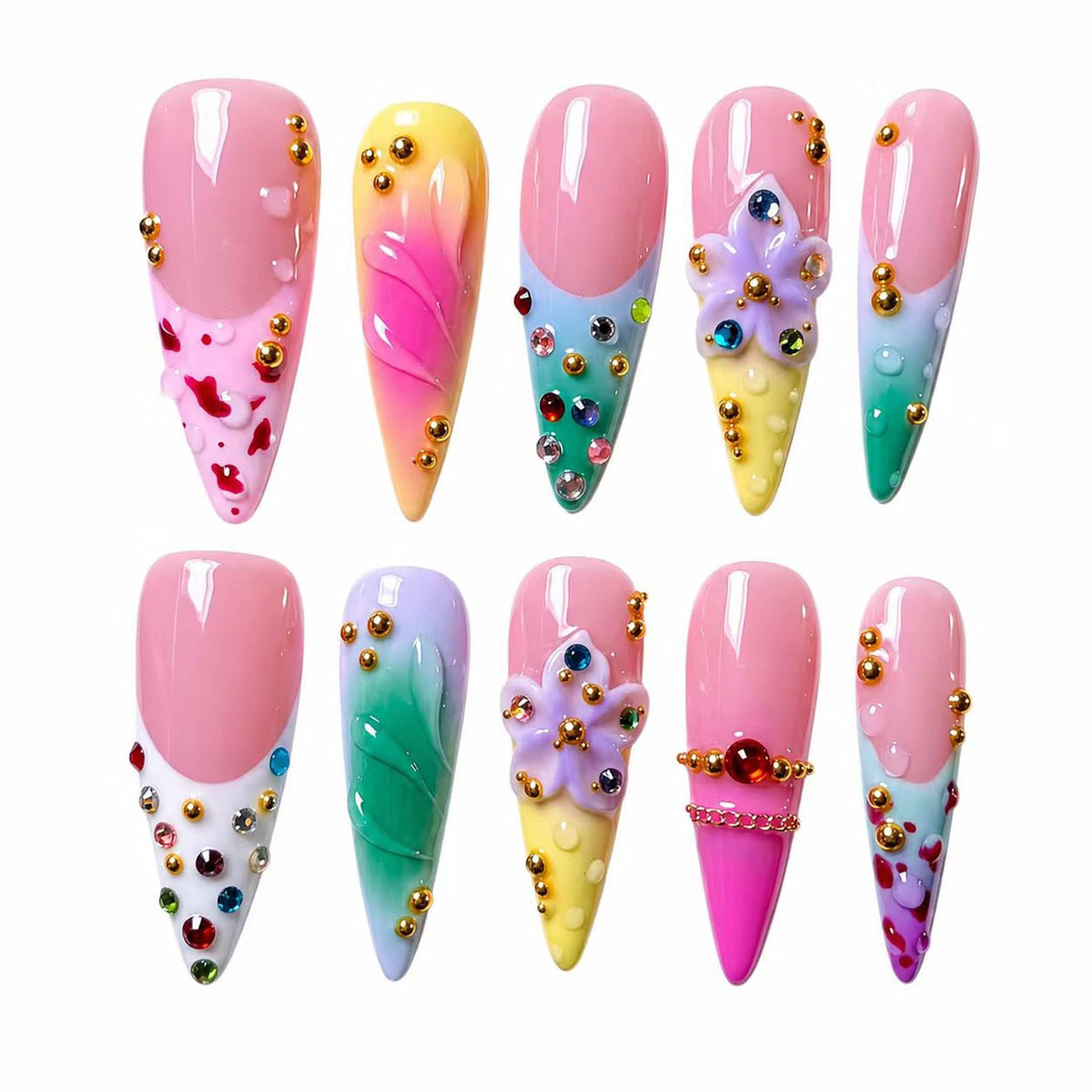 Handmade Press on Nails Long Stiletto - Liquid Gold Abstract Acrylic Fake Nails with Blue Shimmer & Colorful Gems, Luxury Reusable False Nails 10 pcs (Size M)