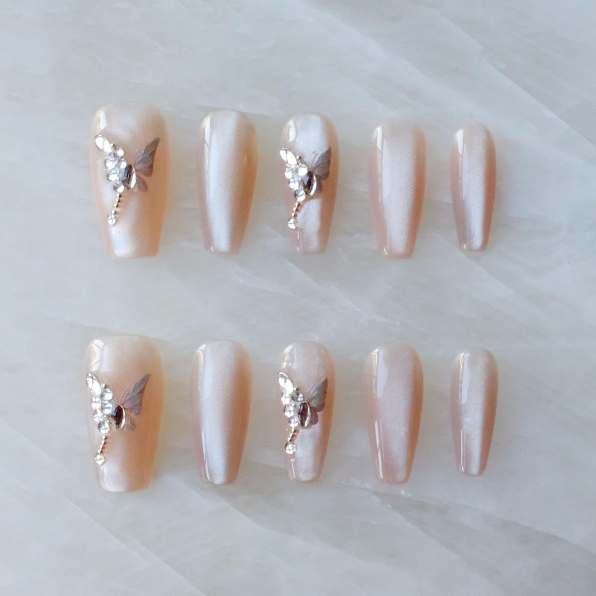 Luxury Handmade Press On Nails, Vintage Bohemian Style, Long Stiletto Shape, Crystal Heart Gems, Gold Stars Design, 10 Pieces (Large, LS)