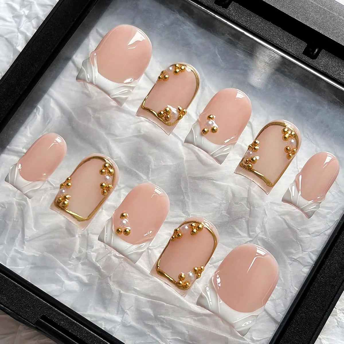 Handmade Press On Nails Short Square Nude 10PCS French Tip Fake Nails with 3D Gold Pearl Charms, Hand Painted Luxury Reusable Stick On Nails for Wedding Bridal Prom(M)