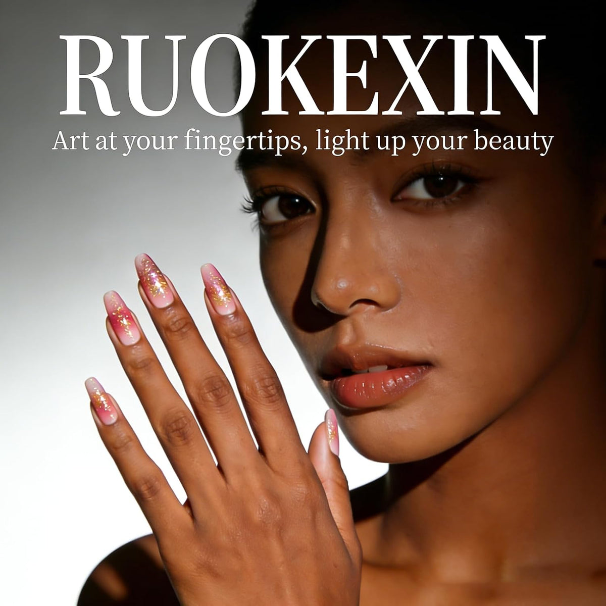 RUOKEXIN Long Press on Nails Stiletto Shaped Fake Nails Handmade False Nails with Rhinestones Designs White Ombre Glue on Nails Glitter Artificial Nails Luxury Stick on Nails for Women 24Pcs