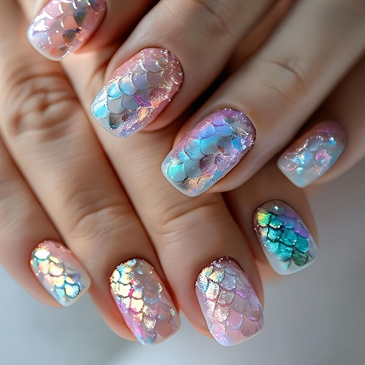 Press On Nails Short Square, Nude Pink Silver Glitter White French Tip Glossy Fake Nails, Full Cover Acrylic Gel False Artificial Nails for Bridal Wedding Daily Office Date Party Wear