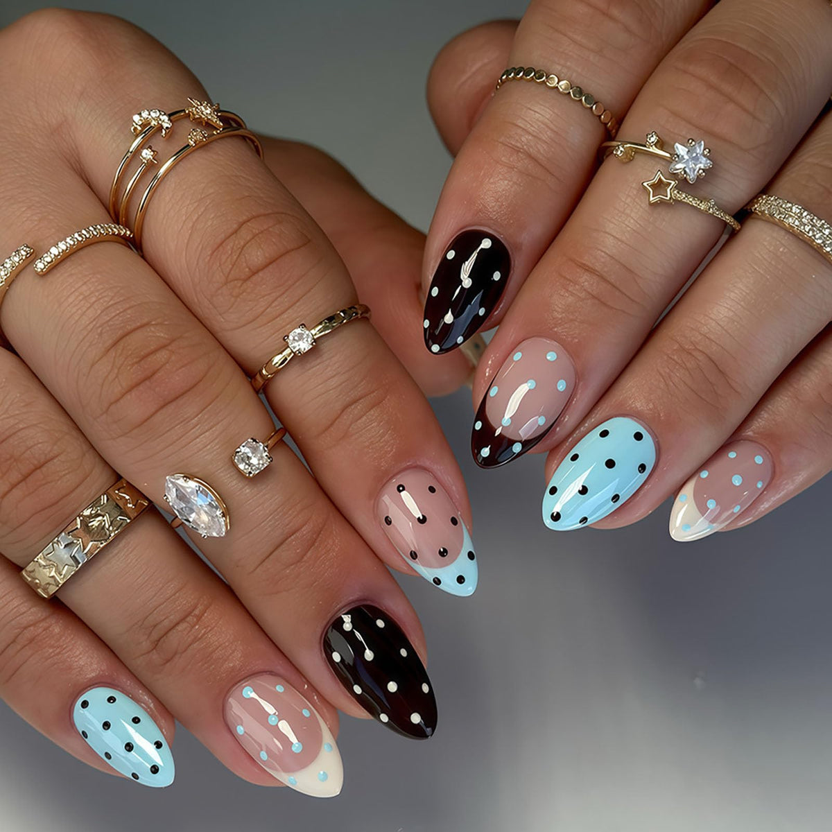 White French Tip Press on Nails Almond Medium Fake Nails with Silver Glitter Designs Nails Press ons Nude Glue on Nails Glossy Acrylic Nails Simple Stick on Nails for Women 24Pcs