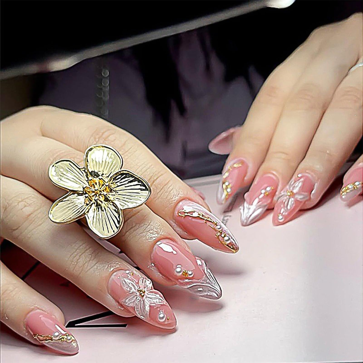 Press on Nails Medium Almond - 3D Red Hibiscus Flower Olive Green Fake Nails, Jade Agate Retro Stick on False Nails for Women & Girls, 30 Pcs