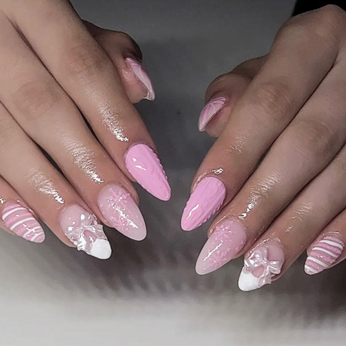 Spring Press on Nails Almond Medium Fake Nails with White Flower Designs French Tip Nails Press ons Light Green False Nails Glossy Glue on Nails Acrylic Nails Nude Stick on Nails for Women 24Pcs
