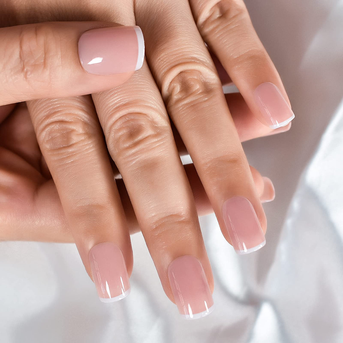 EchiQ Press On Nails Pearl Shine Pink French Nail White Round Fake Nails Short Glossy Satin Artificial Lady Fingernails with Adhesive Tabs