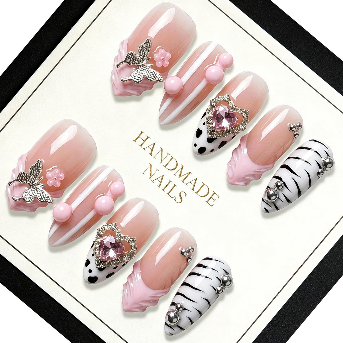 Handmade Almond Press on Nails, Abstract 3D Floral Gold, 10Pcs