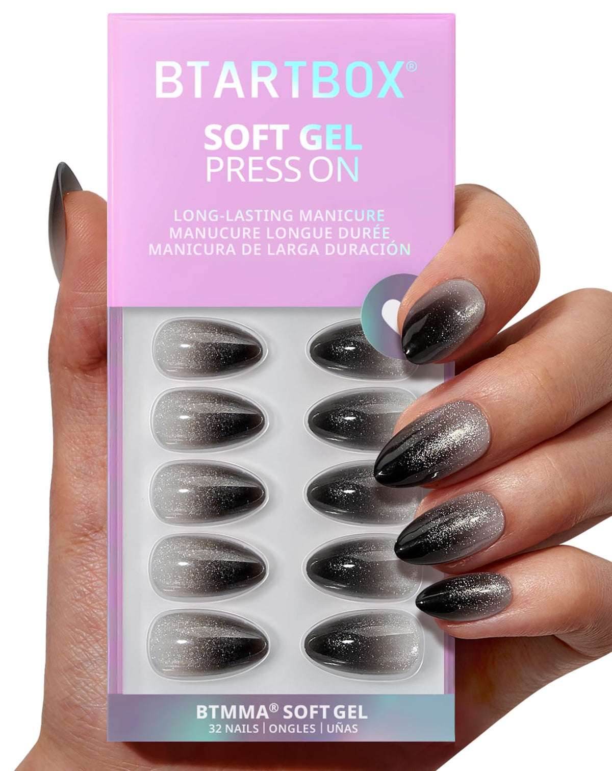 BTArtbox Press On Nails, Short Almond French Tip Nails, 32 Pcs Full Kit