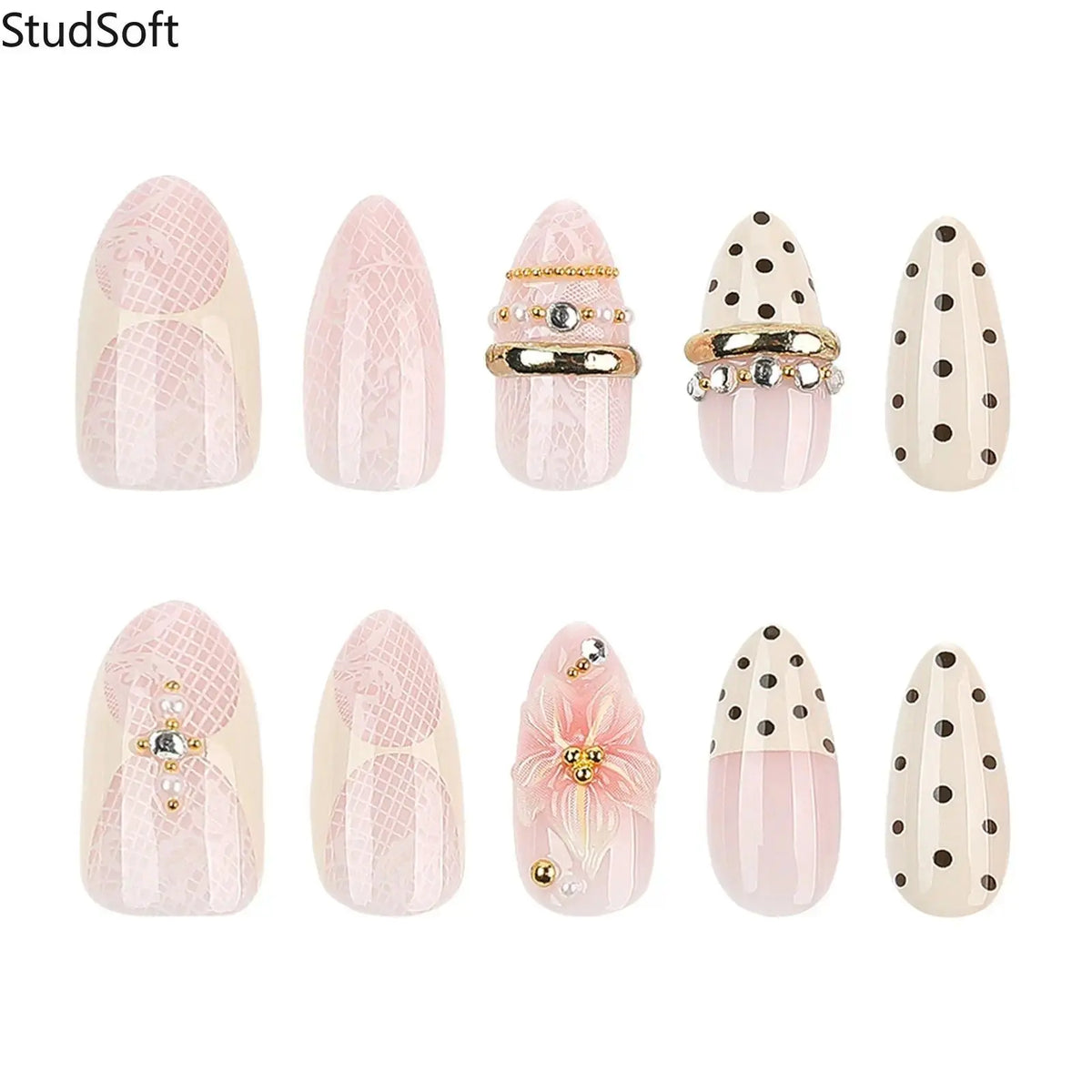 Elegant False Nails, 24pcs Medium Almond Coquette Style with 3D Floral Design, White Lace & Gold Beads for Bridal Wear, Flower Design Nails, Nail Tips Art,sohochic