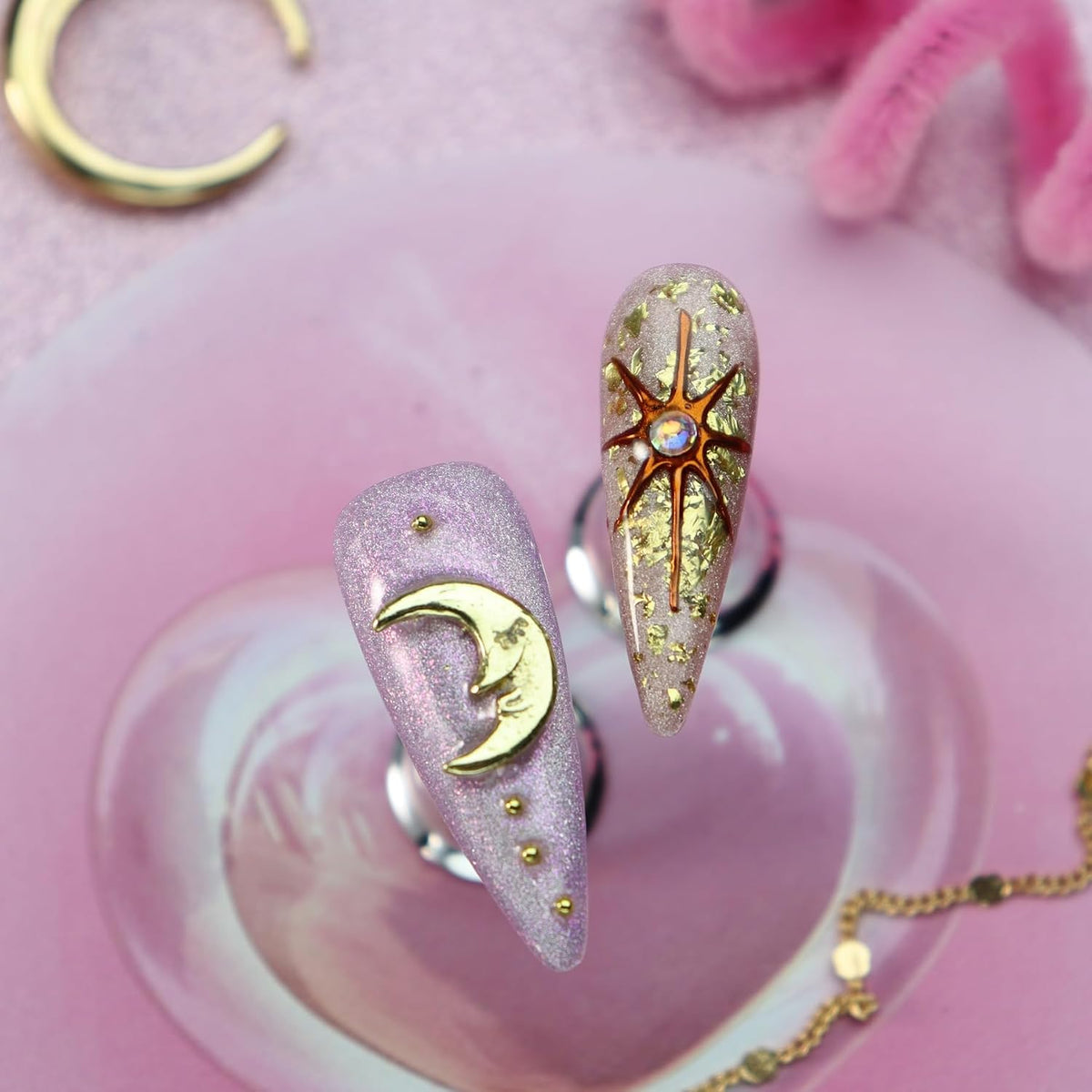 Star Moon Press on Nails Long Stiletto Fake Nails Pure Handcrafted Nail Mirror Effect Glue on Nails Glitter False Nail with Design Rhinestone Stick on Nail for Women Girls Luxury Manicure (M)