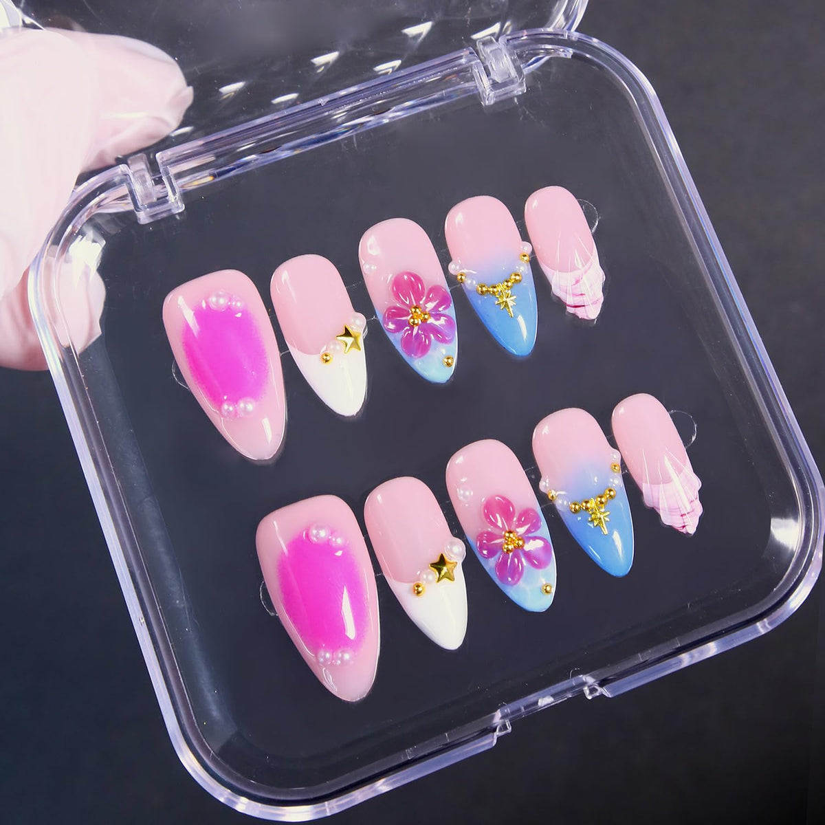 Press on Nails, Handmade Medium Almond Fake Nails, 3D Art False Fingernails with Design Full Cover Fake Nail, Glossy Acrylic Stick on Nails Artificial Nails for Women Manicure 10 Pcs (L)