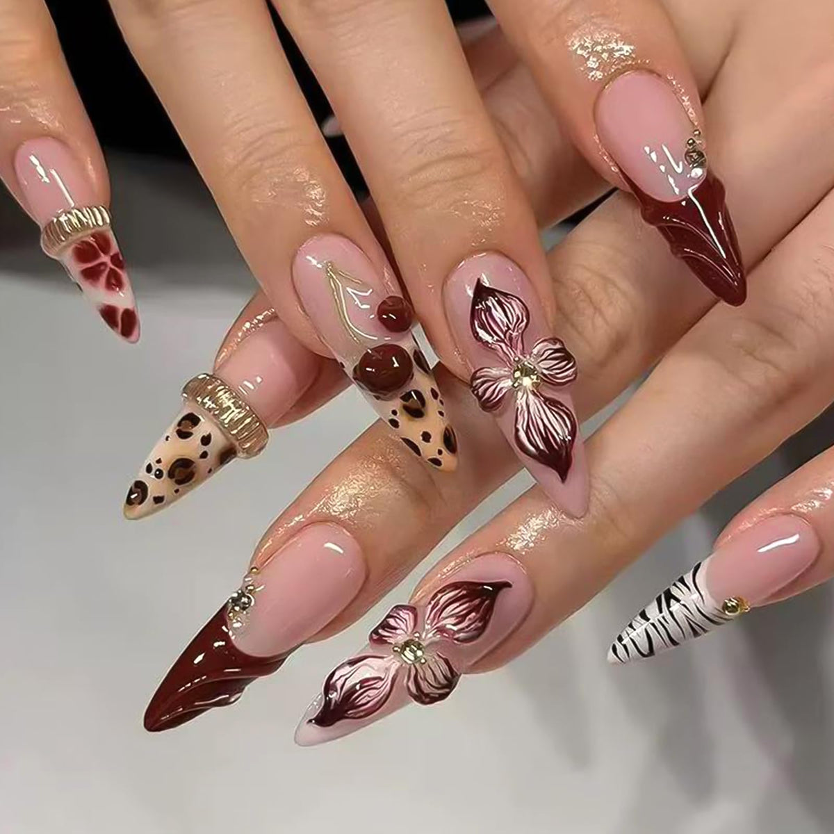 3D White Flower Press on Nails Medium Fakes Nails Almond Shape False Nails with Bling Rhinestones Designs, Glossy Reusable Elegant Acrylic Nails with Glue-24Pcs Nail Kit for Women Wedding Party