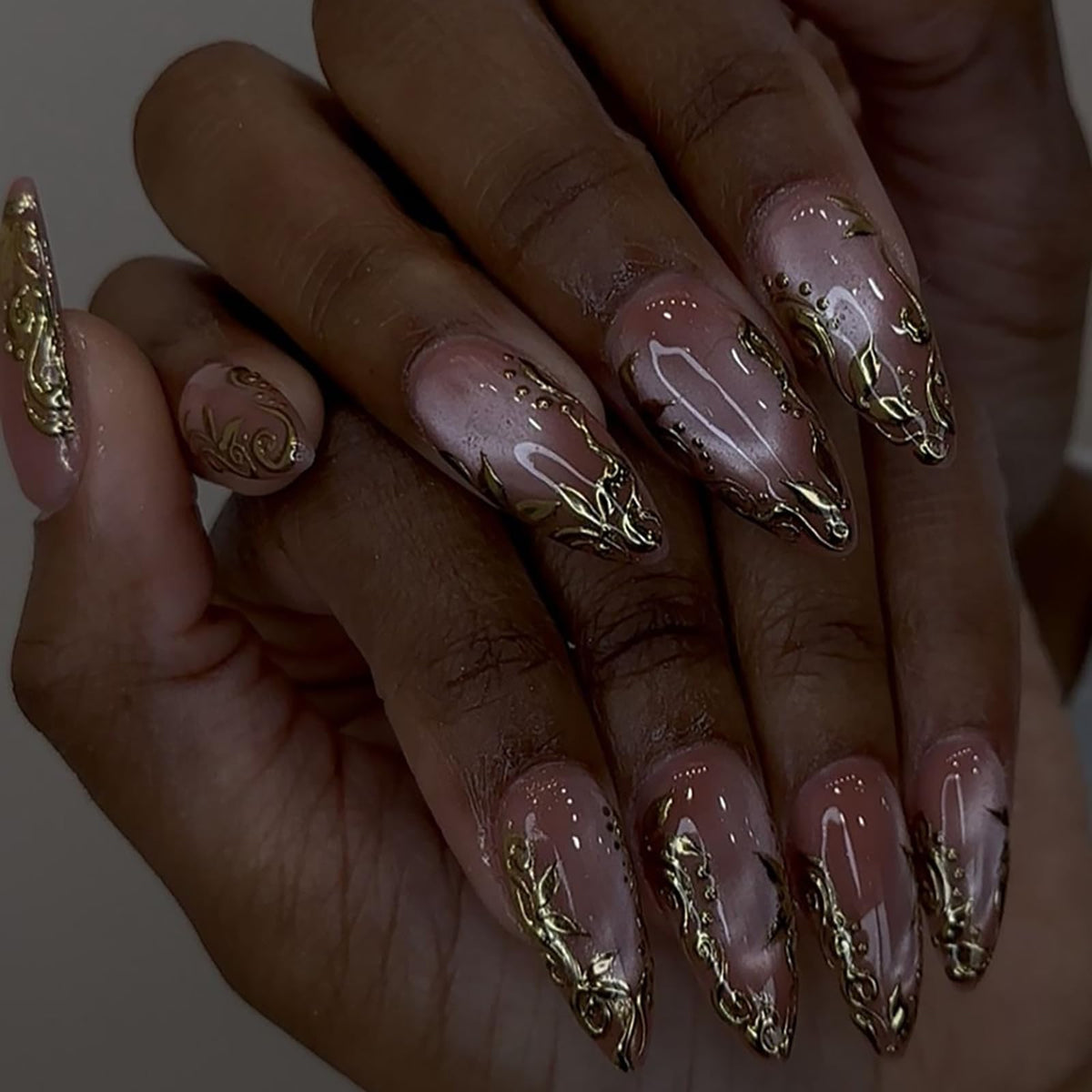 Summer Press on Nails Almond Pink Floral Shell Pearl Gold Dot Fake Women