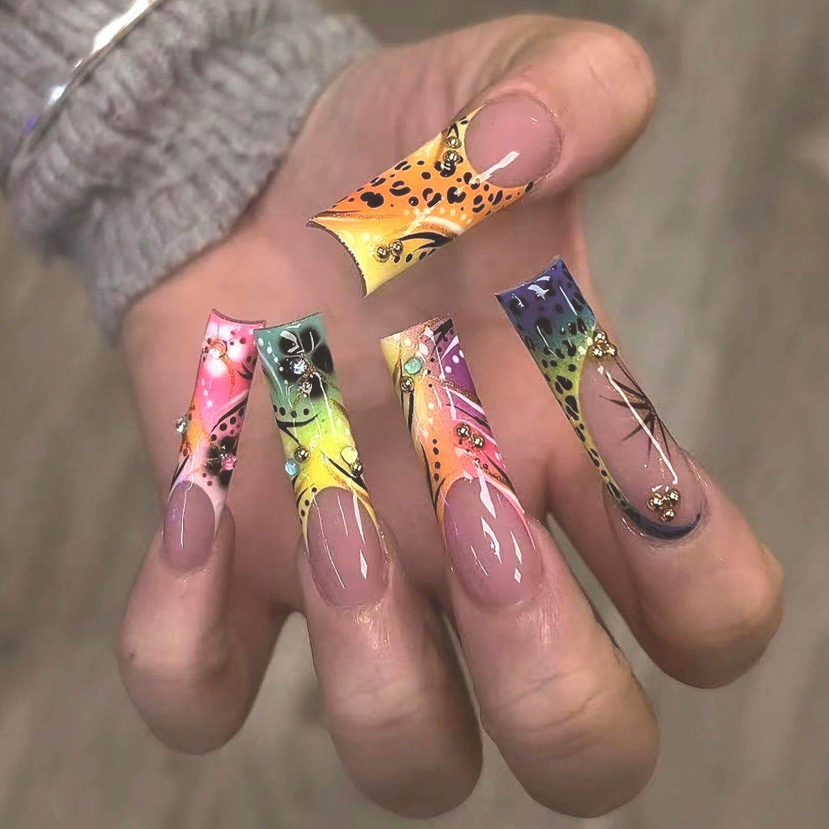 MISUD Press on Nails - Extra Long Square Glue on Nails with French Tip, Acrylic Dollar Money Rhinestone Design 24 pcs