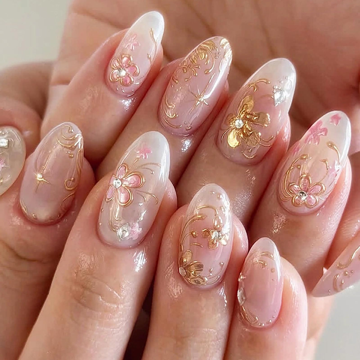 MERVF Medium Almond Press on Nails - White Ombre French Tip Fake Acrylic Nails, Rhinestones Gold Rings Design Wedding Glossy Finish 24pcs