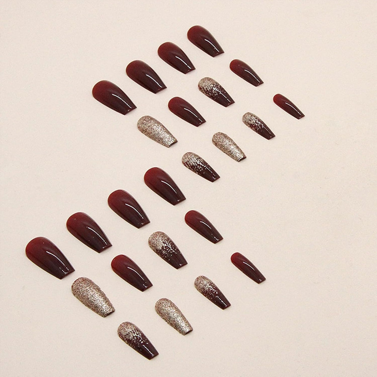Wedding Shiny Red Wine Color Press On Nails, Mid Size Fake Nails, Bride's Best Fake Nails with Shiny luster and Gold Powder, Detachable Acrylic Nails and Suitable for Women and Girl's Nail Art, 24 PCS