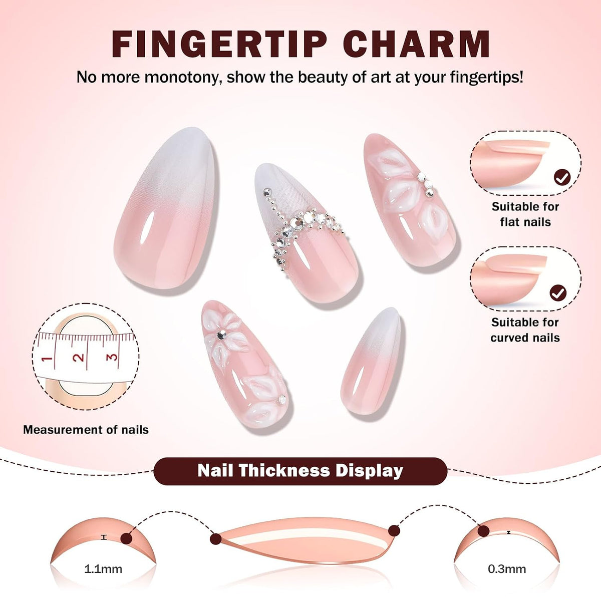 3D White Flower Press on Nails Medium Fakes Nails Almond Shape False Nails with Bling Rhinestones Designs, Glossy Reusable Elegant Acrylic Nails with Glue-24Pcs Nail Kit for Women Wedding Party